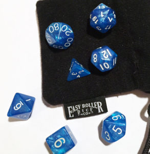 shiny blue dice with varying side counts d10, d20, etc 