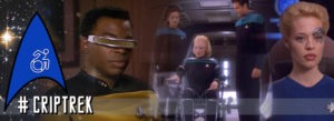 #CripTrek logo is Starfleet insignia with wheelchair symbol in the middle. Collage of Geordi, Melora, and 7 of 9