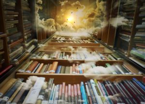 surreal image of a bookcase, camera pointing straight up, and clouds and a sun imposed over the image