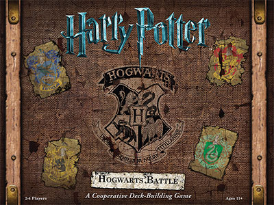 Cover of Harry Potter game, looks like old luggage with the four house signs on it