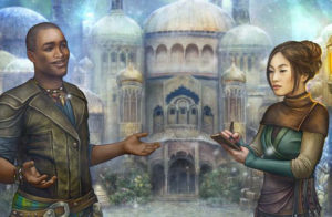 A black man and an asian woman talking in front of a large, dreamlike castle