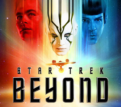 StaR Trek Beyond poster showing Kirk, Spock, and in rainbow colors