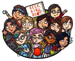 Geek Girl Riot logo cartoon people smiling and holding various nerdy things like a magic wand and a comic book