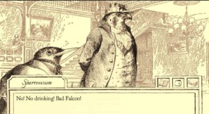 Aviary Attorney screen grab, two birds drawn in 19th century style