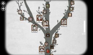 Rusty Lake screenshot, the family tree with small pictures of family nailed to it
