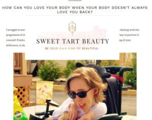 Sweet Tart Beauty logo, with my article and picture of me outside