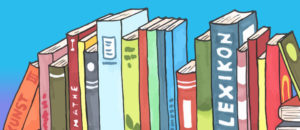 A pile of books on a shelf, illustrated