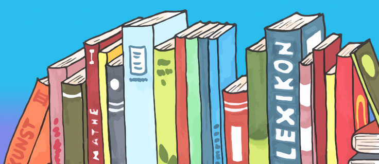 A pile of books on a shelf, illustrated