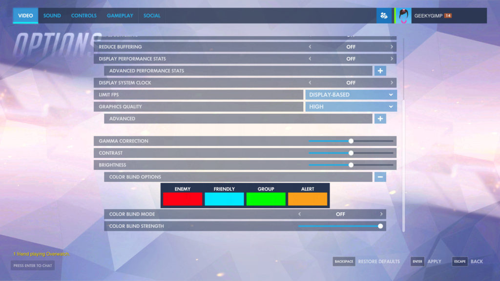 Accessibility options screen, showing color blind options and screen resolutions etc