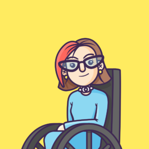 Erin in a wheelchair, cartoon style with a blue dress and short red hair