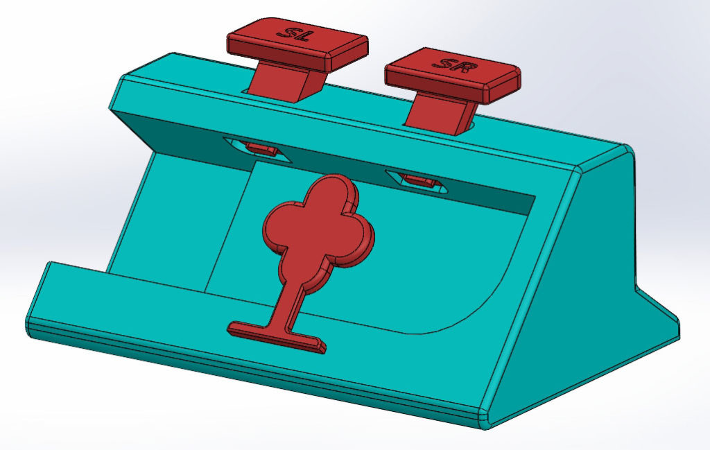 A computer rendering of the blue and red accessibility case, with big red buttons on top and a large red cover for the direction pad