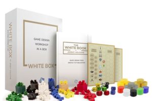 A box surrounded by meeples, tokens, and plastic chits