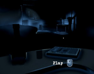 A mostly dark room with blue outline of a bar and a tape recorder on it. Text reads "Play"