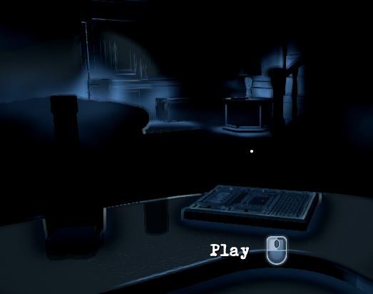 A mostly dark room with blue outline of a bar and a tape recorder on it. Text reads "Play" 