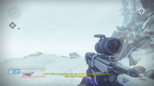 Snowy setting with a gun in the foreground. Yellow text subtitles are hard to see over the white of the snow.