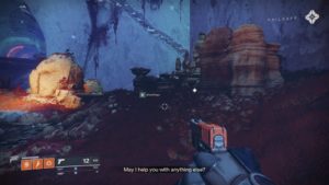 Character in first person holding a gun, the font is white on a black background, much easier to see