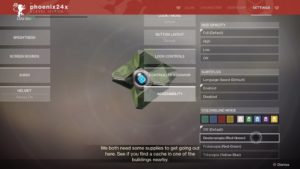 Destiny 2 Menu with subtitle options, color blind options, and movement options