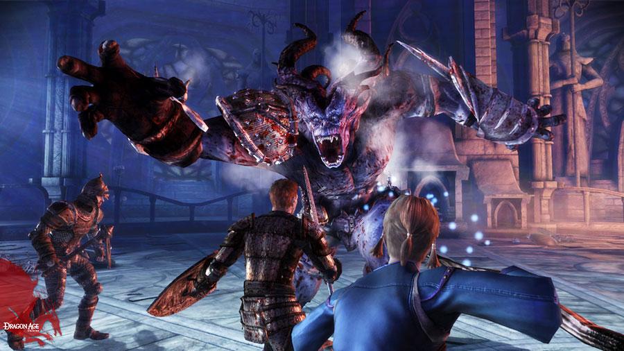 Screenshot from Dragon Age Origins, where two armored people wield a sword at a large monster showing his teeth