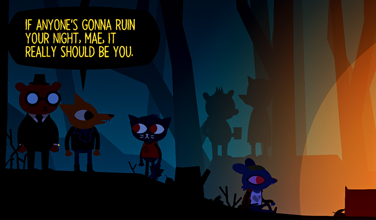 Screenshot of the game. Various animals dressed up like people. One animal says to the other "If anyone's going to ruin your night, Mae, it should be you"