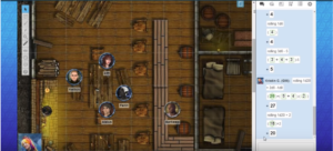 A screenshot of the Roll20 interface featuring a map, character avatars, and dice rolls in the chat window.