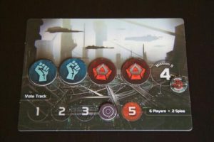 Close up of The Resistance board, where there are two blue fist resistance tokens and two red circular tokens.
