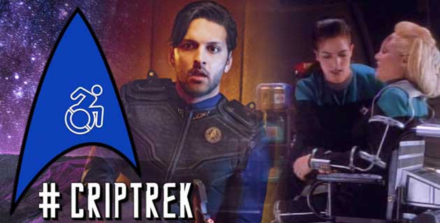 #CripTrek logo with a Star Trek insignia, and a wheelchair icon in the middle. Images of DS9's Melora and Discovery's Ash Tyler as well