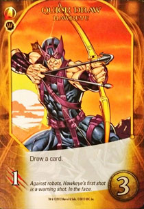 Marvel card with Hawkeye shooting a bow and arrow