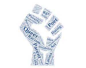 A word cloud (queer, latinx, crip...) in the shape of a resistance fist