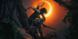 Image of Lara Croft on a tree, a temple behind her, and a sun outlining her face