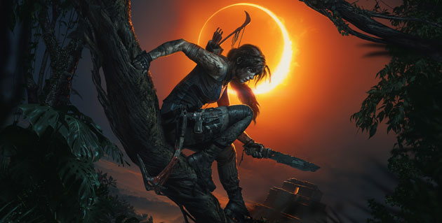 Image of Lara Croft on a tree, a temple behind her, and a sun outlining her face