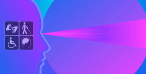 Neon outline of a person's head with disability symbols inside. There is a VR beam