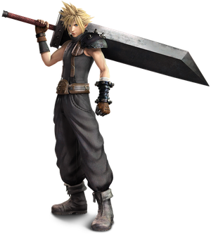 An anime style character, Cloud Strife, wielding a very large sword